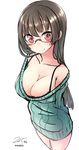  arms_behind_back bad_id bad_pixiv_id black_bra bra breasts brown_hair casual choukai_(kantai_collection) cleavage collarbone dated glasses highres kantai_collection large_breasts long_hair looking_at_viewer nekobaka pink_eyes simple_background smile solo sweater twitter_username underwear white_background 