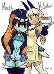  animal_ears apron blue_eyes blue_skin blush bowl cat clothes_swap dark_skin duo embarrassed feline fish food hair human mammal marine midriff minette ms._fortune pink_eyes scar skullgirls sweat wat_son_(artist) white_hair yellow_sclera 