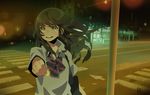  bag bf._(sogogiching) black_hair bow bowtie commentary crosswalk foreshortening hands jewelry night open_collar original ring road shoulder_bag signature smile solo street tears traffic_light vanishing_point wind yellow_eyes 