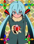  aqua_eyes aqua_hair blush coat face flower gift hands hatsune_miku holding holding_gift long_hair rose solo twintails u+ vocaloid 