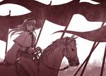  animal cape capelet commentary_request flag from_side gloves hairband horse horseback_riding light_smile long_hair long_sleeves looking_at_viewer medieval megurine_luka monochrome red riding solo vocaloid watari_taichi 