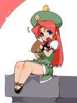  animal animal_on_head bad_id bad_pixiv_id bird bird_on_head blue_eyes bread china_dress chinese_clothes dameyo dress eating food hat hong_meiling long_hair on_head red_hair sitting solo touhou 