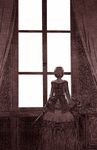  commentary_request curtains dress from_behind indoors jewelry jewelry_box long_sleeves medieval meiko monochrome necklace short_hair solo standing sword vocaloid wall watari_taichi weapon wide_sleeves window 