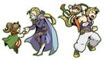  3boys back-to-back black_mage blonde_hair blue_eyes boots brother_and_sister brothers brown_hair cape closed_eyes commentary_request crossover edgar_roni_figaro final_fantasy final_fantasy_iv final_fantasy_vi grin hair_ribbon holding_hands long_hair mash_rene_figaro multiple_boys nekoichi open_mouth outline palom ponytail porom ribbon siblings simple_background smile twins white_background white_mage wristband 