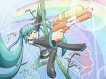  aqua_eyes aqua_hair bamboo ban_ban_buu_(vocaloid) detached_sleeves gojou_takeshi hatsune_miku instrument long_hair one_eye_closed piano skirt solo thighhighs twintails very_long_hair vocaloid water_gun zettai_ryouiki 