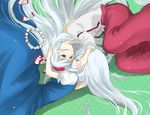  bow flower fujiwara_no_mokou hair_bow kamishirasawa_keine long_hair lying machiko_(beard) multiple_girls on_side red_eyes silver_hair suspenders touhou 