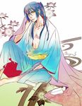  blue_hair brown_eyes chane_(nap_cat) flower japanese_clothes long_hair macross macross_frontier male_focus ponytail saotome_alto smile solo 