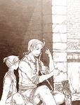  arrow bandaid bandaid_on_finger bow_(weapon) brick_wall brown child commentary_request day facial_hair high_ponytail kagamine_len knee_up leon_(vocaloid) looking_at_another low_ponytail male_focus medieval monochrome multiple_boys pants ponytail quiver sitting sleeves_rolled_up smile stubble vocaloid watari_taichi weapon 