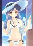  bad_id bad_pixiv_id bare_shoulders bikini blue_hair brown_eyes cloud day hat idolmaster idolmaster_(classic) jacket kisaragi_chihaya komi_zumiko lens_flare light_smile long_hair ocean off_shoulder open_clothes open_shirt outdoors shirt side-tie_bikini sky slender_waist solo straw_hat swimsuit yellow_eyes 