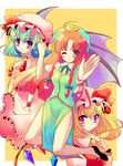  aqua_hair bat_wings blonde_hair blue_hair blush braid china_dress chinese_clothes clenched_hand dress flandre_scarlet gradient_hair green_hair hat hong_meiling long_hair multicolored_hair multiple_girls one_eye_closed one_side_up outstretched_arm ponytail red_eyes red_hair remilia_scarlet shiwasu_horio short_hair side_slit simple_background smile touhou twin_braids wings wrist_cuffs 