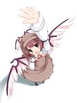  animal_ears arm_up brown_eyes foreshortening from_above hands hat highres mystia_lorelei open_mouth outstretched_arm outstretched_hand pink_hair ribbon short_hair shouji_ayumu smile solo touhou waving wings 