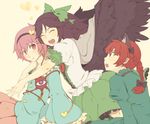  animal_ears black_hair braid cat_ears eyes glomp hair_ribbon hairband heart hug kaenbyou_rin komeiji_satori long_hair multiple_girls purple_eyes purple_hair red_eyes red_hair reiuji_utsuho ribbon short_hair touhou twin_braids wings yasakae 