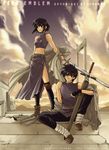  1girl black_hair brother_and_sister fire_emblem fire_emblem:_seisen_no_keifu grey_eyes ishikawa_kaori lakche_(fire_emblem) midriff short_hair siblings side_slit skasaha_(fire_emblem) sword weapon 