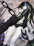  arm_cannon bikini_top black_rock_shooter black_rock_shooter_(character) blue_eyes burning_eye chain highres jacket long_hair midriff pale_skin scar shorts solo tarayama twintails uneven_twintails weapon 