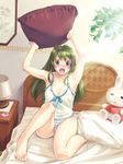  :3 =_= armpits arms_up barefoot bed blue_eyes blush breasts camisole cellphone cleavage feet green_hair lamp legs lingerie long_hair medium_breasts niku_(kimagureya) open_mouth original panties phone pillow plant potted_plant solo striped striped_panties stuffed_animal stuffed_bunny stuffed_toy sunlight underwear 