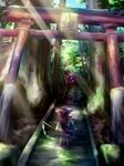  ayakashi_(monkeypanch) bad_id bad_pixiv_id forest gap gohei hakurei_reimu light_rays nature ribbon scenery stairs sunbeam sunlight torii touhou yakumo_yukari 