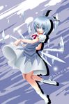  blue_eyes blue_hair bow cirno hair_bow highres satou_samu short_hair socks solo touhou wings 