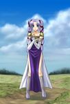  74 boots detached_sleeves dress fire_emblem fire_emblem:_seisen_no_keifu frown long_hair multi-tied_hair purple_eyes purple_hair side_slit solo tinny_(fire_emblem) twintails 