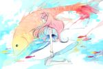  aqua_eyes bad_id bad_pixiv_id barefoot dress fish hairband long_hair megurine_luka mig_(36th_underground) open_mouth pink_hair solo vocaloid white_dress 