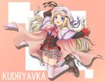  blue_eyes bow fang hat little_busters! long_hair noumi_kudryavka pink_bow plaid plaid_skirt skirt solo thighhighs toshi zettai_ryouiki 