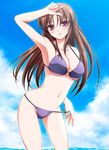  bad_id bad_pixiv_id bikini blush breasts brown_hair cleavage cloud day large_breasts long_hair midriff miso-rg navel ocean original outdoors purple_eyes sky solo swimsuit 