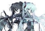  aqua_eyes aqua_hair black_hair black_rock_shooter black_rock_shooter_(character) bra coat crossover dress_shirt gloves hato_rami hatsune_miku headphones koi_wa_sensou_(vocaloid) long_hair megaphone multiple_girls necktie shirt simple_background twintails underwear very_long_hair vocaloid weapon 