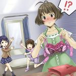  1boy 2girls ahoge akizuki_ryou antenna_hair bad_id bad_pixiv_id bare_shoulders blue_eyes blue_hair blush bra brown_eyes brown_hair dearly_stars frilled_bra frills gift hair_ornament hairclip hidaka_ai holding holding_bra idolmaster idolmaster_dearly_stars lingerie mirror mizutani_eri multiple_girls open_mouth otoko_no_ko pontai school_uniform short_hair smile sweat underwear 