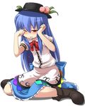  blue_hair blush bow bowtie crying crying_with_eyes_open food_as_clothes hat hinanawi_tenshi kneeling long_hair mamo_williams one_eye_closed red_eyes sad simple_background sitting solo tears touhou wariza wiping_tears 