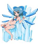  barefoot bikini blue_eyes blue_hair bow cirno flat_chest food hair_bow ice pinky_out popsicle sasoribi-dekine short_hair sitting solo swimsuit touhou wings 