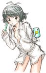  akizuki_ryou antenna_hair black_hair blush bottomless brown_eyes cup dress_shirt idolmaster idolmaster_dearly_stars male_focus naganeko open_clothes open_mouth open_shirt otoko_no_ko shirt short_hair solo toothbrush unbuttoned 