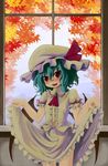  autumn_leaves bad_id bad_pixiv_id bat_wings blue_hair hat highres open_mouth red_eyes remilia_scarlet short_hair skirt skirt_lift smile solo sorrau touhou wings 