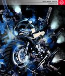  bad_id bad_pixiv_id bikini_top black_hair black_rock_shooter black_rock_shooter_(character) blue_eyes boots burning_eye flat_chest ground_vehicle long_hair midriff motor_vehicle motorcycle pale_skin riding solo tanjiu twintails weapon 