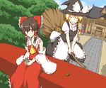  any_(lucky_denver_mint) blonde_hair bow braid broom broom_riding brown_eyes brown_hair closed_eyes detached_sleeves drink grin hakurei_reimu happy hat kirisame_marisa multiple_girls short_hair sitting sitting_on_object sitting_on_torii smile stone_lantern tea torii touhou witch_hat 