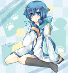  animal_ears black_legwear blue_eyes blue_hair blue_scarf blush bow cat_ears catboy kaito male_focus scarf scarf_bow shinyae sitting socks solo tail vocaloid wariza 