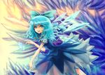  blue_eyes blue_hair bow cirno dress fatherland2009 hair_bow ice open_mouth short_hair smile solo teenage touhou wavy_hair wings 