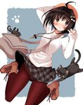  ahoge bad_id bad_pixiv_id bag blush boots bow cat colorized cross-laced_footwear eyebrows_visible_through_hair hair_bow hat highres jewelry key key_necklace lace-up_boots necklace original pan_(mimi) panties panties_under_pantyhose pantyhose paw_print plaid plaid_skirt pleated_skirt red_legwear satchel shoes short_hair shoulder_bag skirt skirt_lift sleeves_past_wrists solo sweater underwear white_panties wind wind_lift 