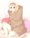  alice_margatroid bad_id bad_pixiv_id blonde_hair blue_eyes blush frilled_pillow frills futon hairband pillow short_hair solo touhou yatomi 