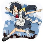  andou_mahoro black_eyes black_hair jumping long_hair mahoromatic maid mary_janes nemuro_nao outstretched_arms shoes solo spread_arms 