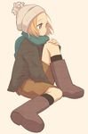  bad_id bad_pixiv_id boots coat forehead hat highres leg_hug magamoto original scarf sitting solo 