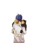  2boys blonde_hair blue_hair child closed_eyes fatherly from_behind holding kagamine_len kagamine_rin kaito multiple_boys short_hair simple_background sleeping turatura upper_body vocaloid white_background 