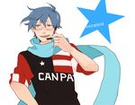  blue_eyes blue_hair blue_scarf cosplay fuuga_naoto fuuga_naoto_(cosplay) glasses headset kaito luo_zi male_focus scarf solo vocaloid 