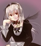  black_wings long_hair long_sleeves looking_at_viewer mini_wings red_eyes rozen_maiden silver_hair solo suigintou upper_body wings yoshioka_mitsuko 