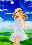  beckoning bird blonde_hair cloud day dress foreshortening grass hands long_hair looking_at_viewer nagisa_kurousagi open_hand original outstretched_arm planet red_hair scenery sky solo 