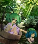  bad_id bad_pixiv_id barefoot blue_eyes bucket cucumber feet forest green_eyes green_hair hair_bobbles hair_ornament hat hidebo in_bucket in_container kawashiro_nitori kisume multiple_girls nature short_hair swimsuit toes touhou twintails two_side_up water wooden_bucket 