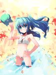  bikini blue_eyes blue_hair hand_on_hip hat hat_removed headwear_removed holding holding_hat kawashiro_nitori leaf lowleg lowleg_bikini navel shin_(new) short_hair solo swimsuit touhou twintails two_side_up wading water 