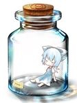  1girl bad_id bad_pixiv_id barefoot blue_hair blush bottle cirno closed_eyes cork dress glass hair_ribbon ice in_bottle in_container jar kuromame_(8gou) minigirl ribbon solo touhou wings 