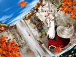  animal_ears autumn cloud day detached_sleeves fukaiton hat inubashiri_momiji leaf rainbow red_eyes sky solo sword tail tokin_hat touhou wallpaper water waterfall weapon white_hair wolf_ears wolf_tail 