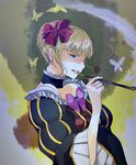  bad_id bad_pixiv_id beatrice blonde_hair blue_eyes bow bug butterfly choker dress flower insect kiseru maroyan pink_bow pipe ribbon short_hair smirk smoke solo umineko_no_naku_koro_ni 