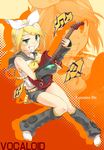  beamed_eighth_notes blonde_hair detached_sleeves eighth_note grin guitar hair_ornament hair_ribbon hairclip headphones highres instrument kagamine_rin misaki_juri musical_note quarter_note ribbon short_hair shorts smile solo speech_bubble spoken_musical_note vocaloid zoom_layer 
