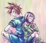 chrono_(series) chrono_trigger crono eyes_closed glasses happy imoyama lucca_ashtear open_mouth purple_hair red_hair redhead short_hair smile spiked_hair spiky_hair 